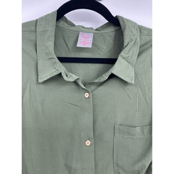 No Boundaries Womens Juniors Sea Turtle Green Button Front Cinched Waist Blouse - Picture 4 of 10